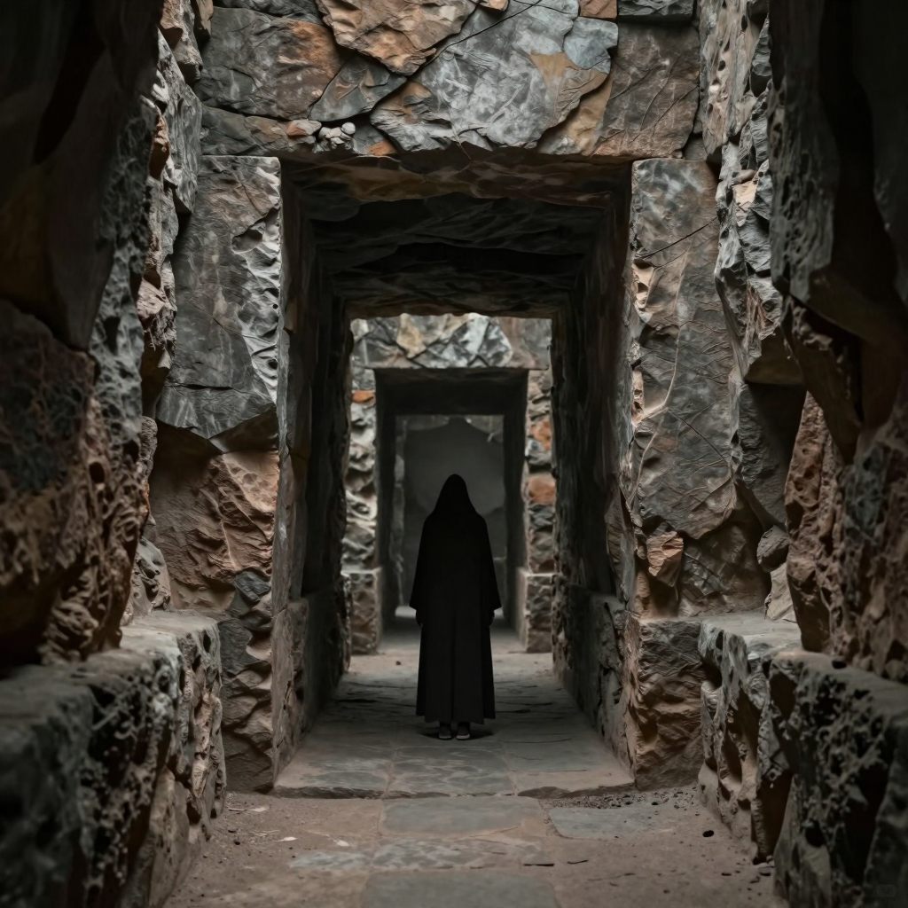 A solitary figure stands at the edge of a vast, winding passage, symbolizing the confrontation with subconscious pressures.