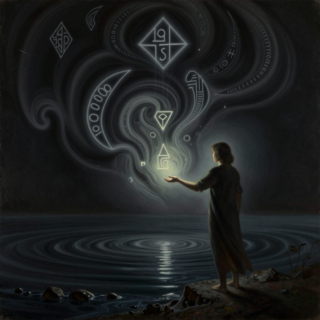 A silent figure reaching toward swirling, primordial sound forms emerging from deep water.