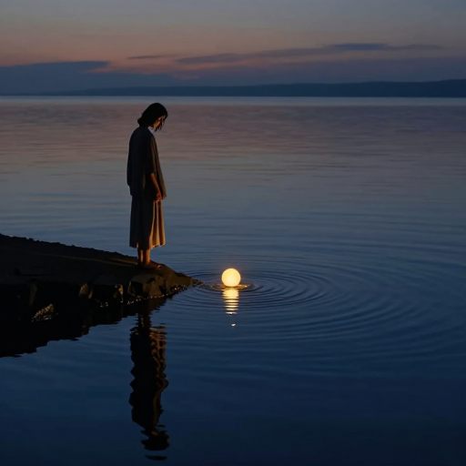 A solitary figure releasing a glowing orb into deep water.