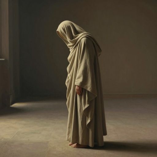 A solitary, cloaked figure bows in silent compliance against a vast, muted horizon.