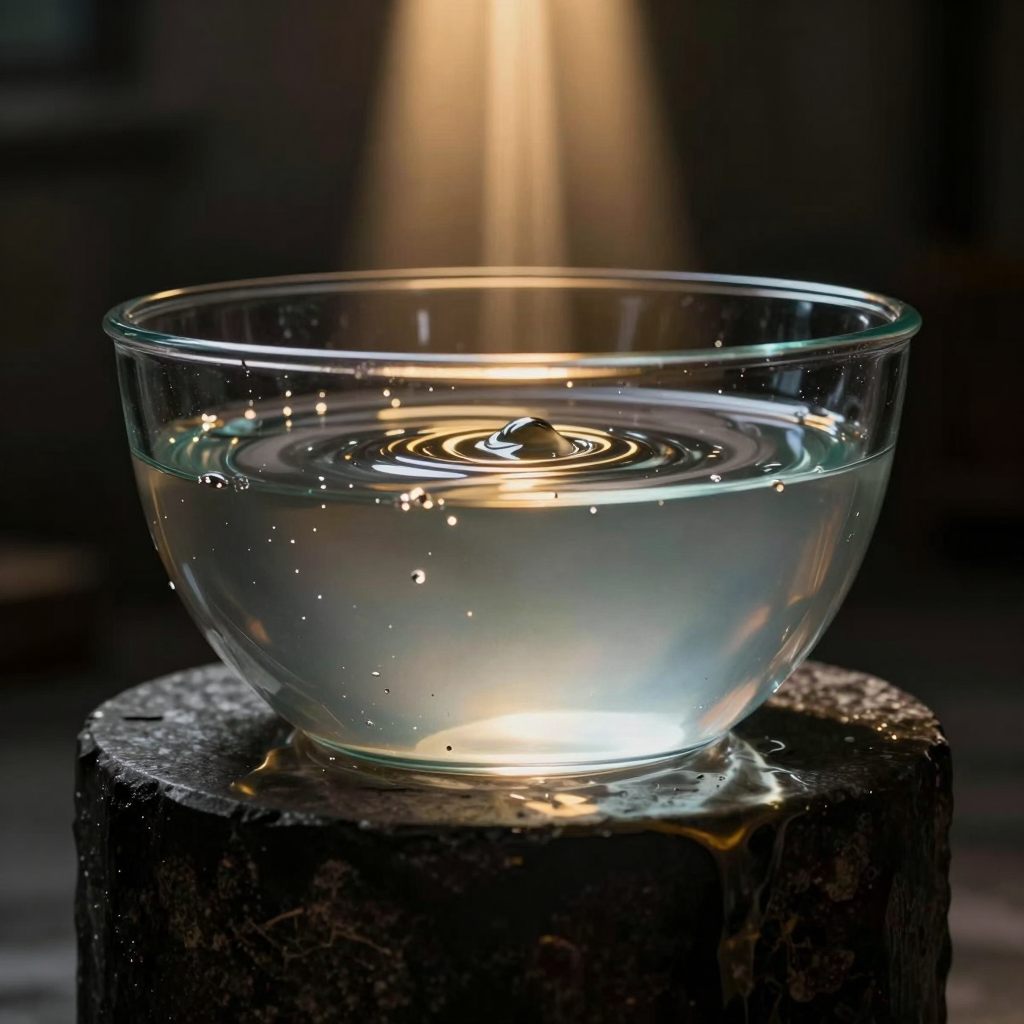 A glass basin filled with deep, still water, reaching a critical, reflective height under dramatic overhead lighting.