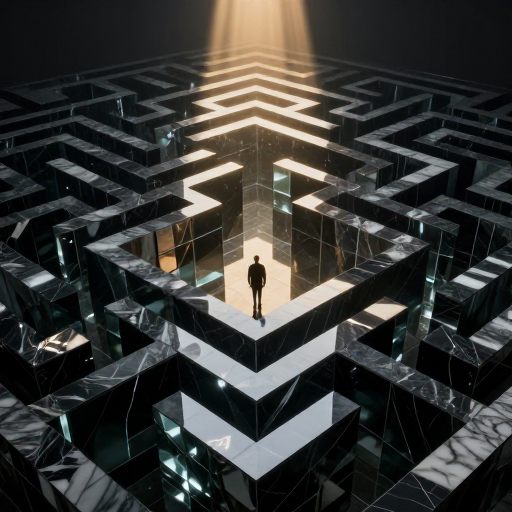 A solitary, impossibly silent figure stands at the edge of a geometrically perfect but slightly skewed glass labyrinth, symbolizing internal dissonance.