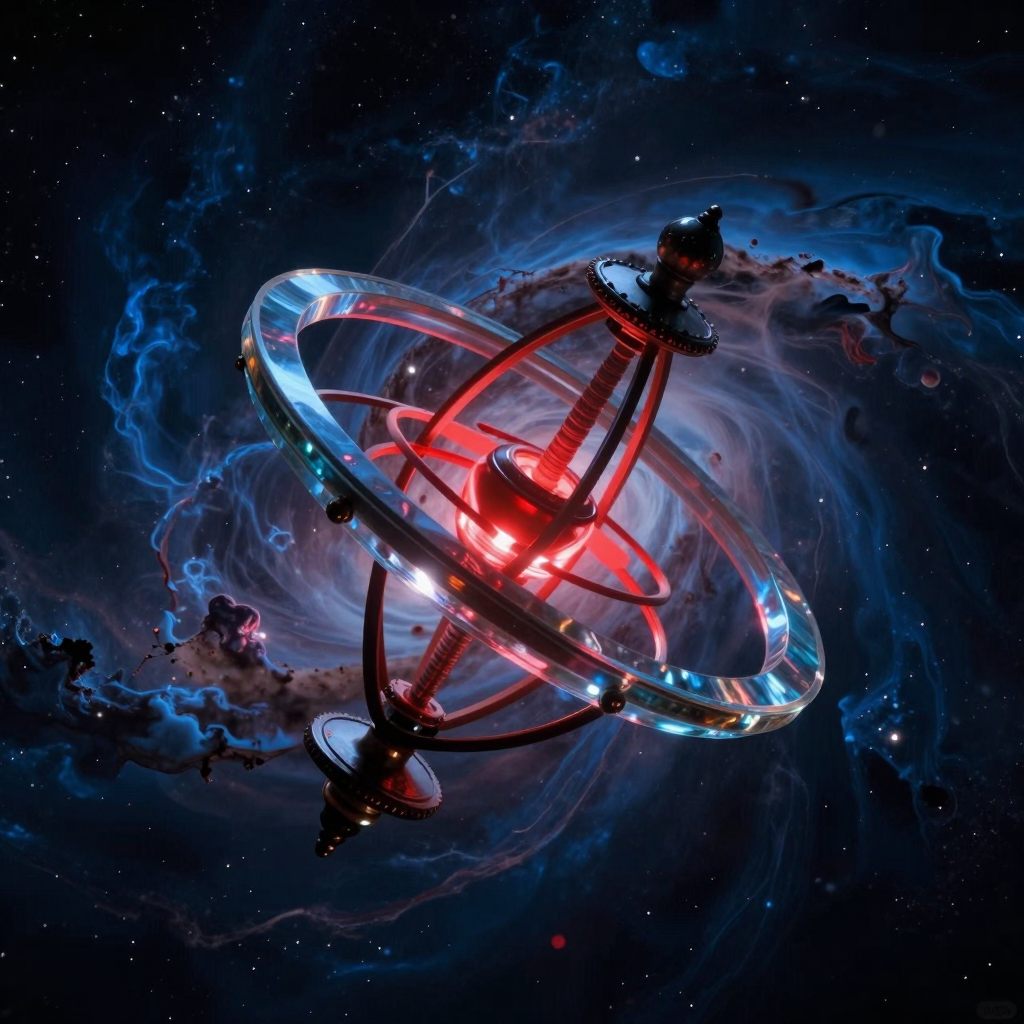 A delicate, fractured gyroscope suspended in a nebula, symbolizing mental imbalance.