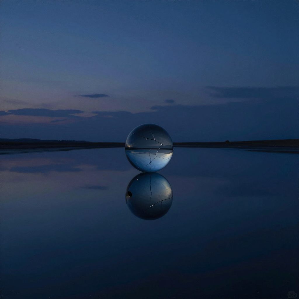 A single, geometrically impossible glass sphere floats above a perfectly still pool, reflecting a subtly fractured sky.