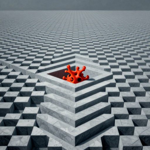 A solitary figure stands at the edge of a perfectly ordered, crystalline field, while a single, vibrant anomaly disrupts the flawless symmetry in the distance.