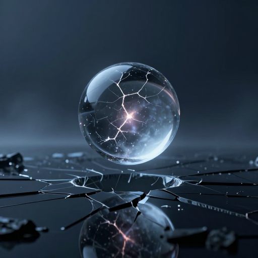 A solitary, perfectly balanced glass sphere resting on a fractured obsidian plane, radiating a subtle, dissonant internal light.