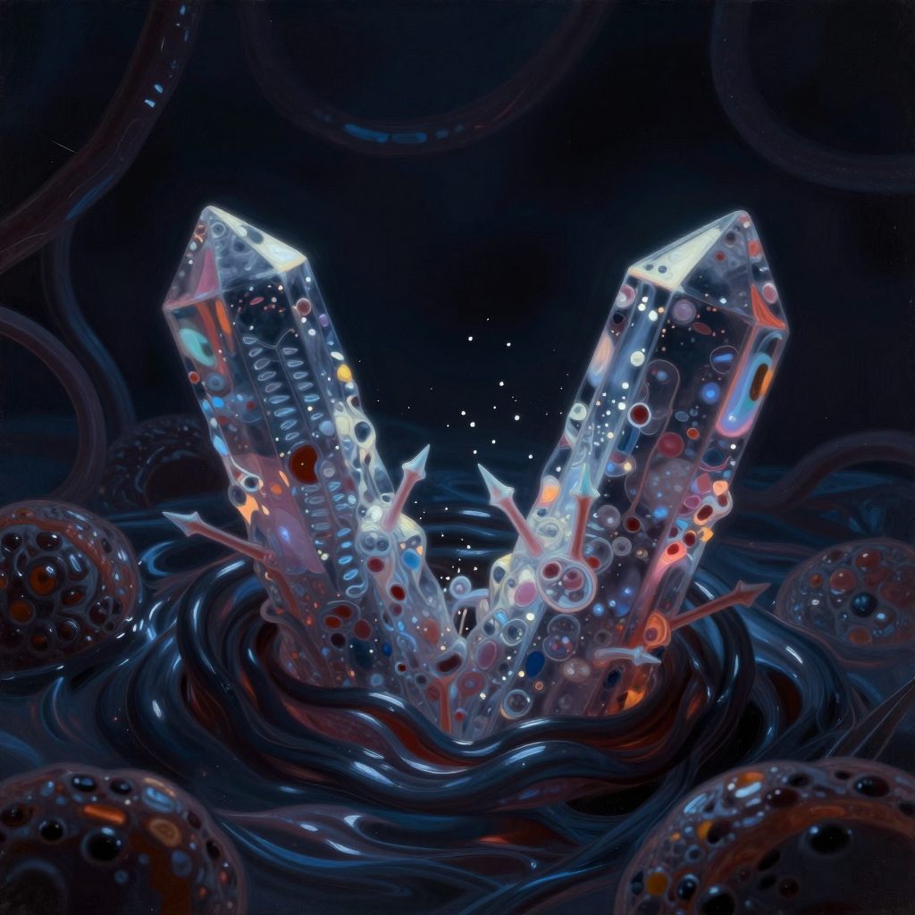 Microscopic clash of crystalline forms signaling incompatibility.