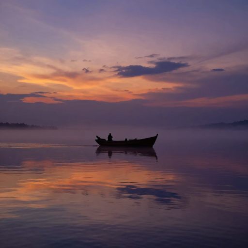Vessel on reflective water at sunset, symbolizing life's committed journey.