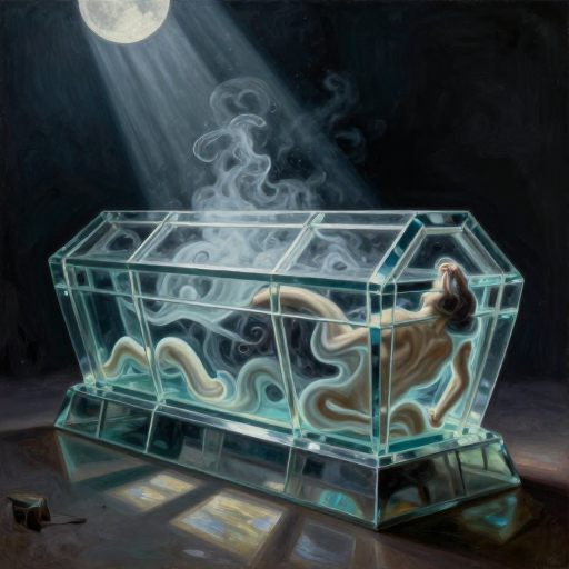 A pressurized glass sarcophagus containing swirling mist