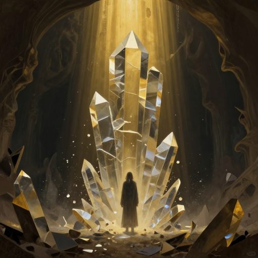 A figure presiding over the dismantling of a crystalline structure into dust.