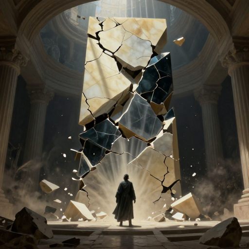 A powerful figure stands amidst the ruins of a rigid, crystalline structure, symbolizing the necessary end of an outdated system.