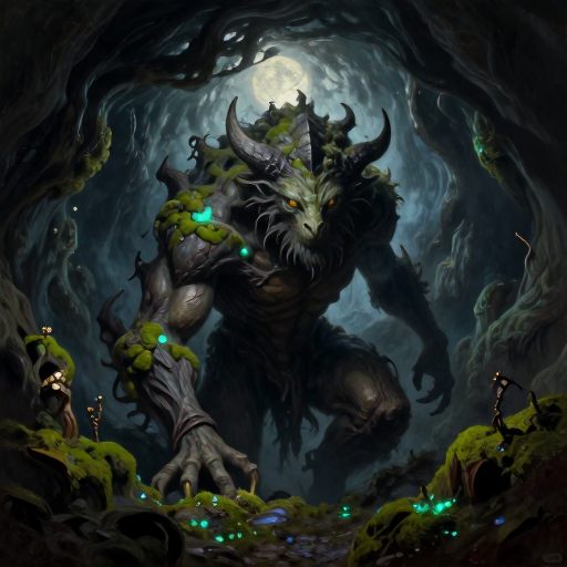 A powerful, primal entity emerging from deep shadow.