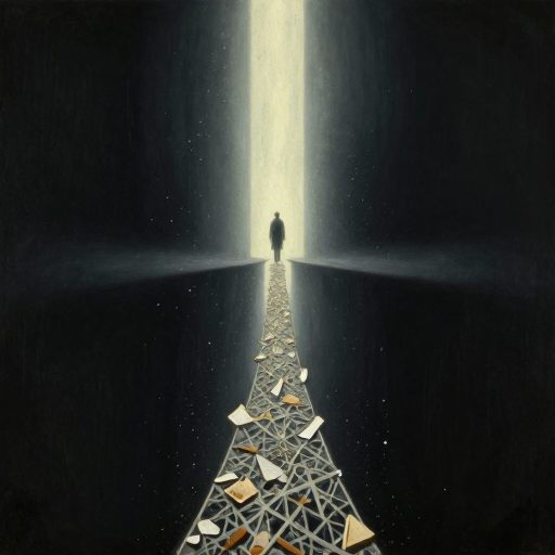 A figure stands at the edge of a luminous chasm, symbolizing a necessary transition from the subconscious.