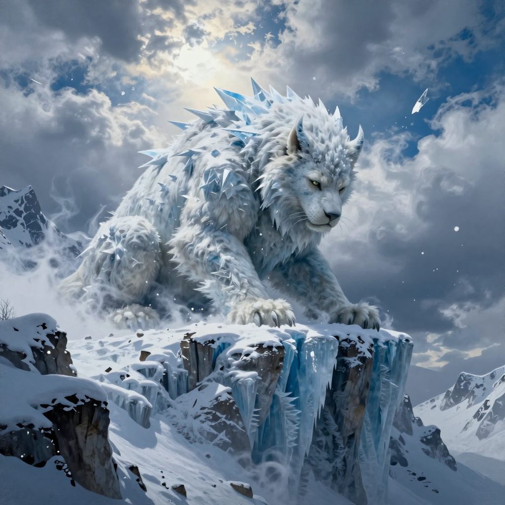 A colossal, primal silhouette of a snow beast in a glacial expanse.
