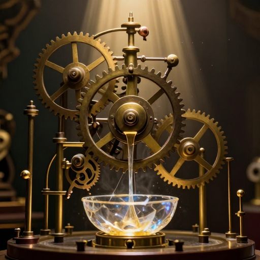 A clockwork machine slowly draining a luminous liquid, symbolizing an unending emotional commitment.