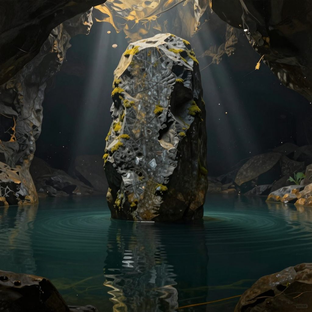 A colossal, moss-covered monolith pressing down on a subterranean pool of still water, symbolizing the weight of routine.