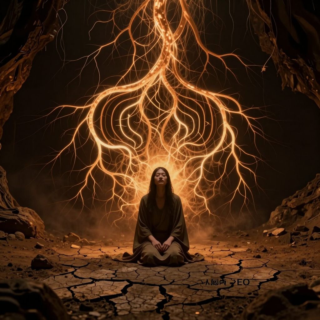 A figure emerges from swirling earth, guided by bioluminescent root patterns.