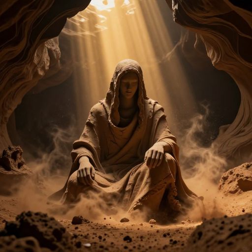 A figure emerges from swirling ochre earth, symbolizing deep ancestral roots.
