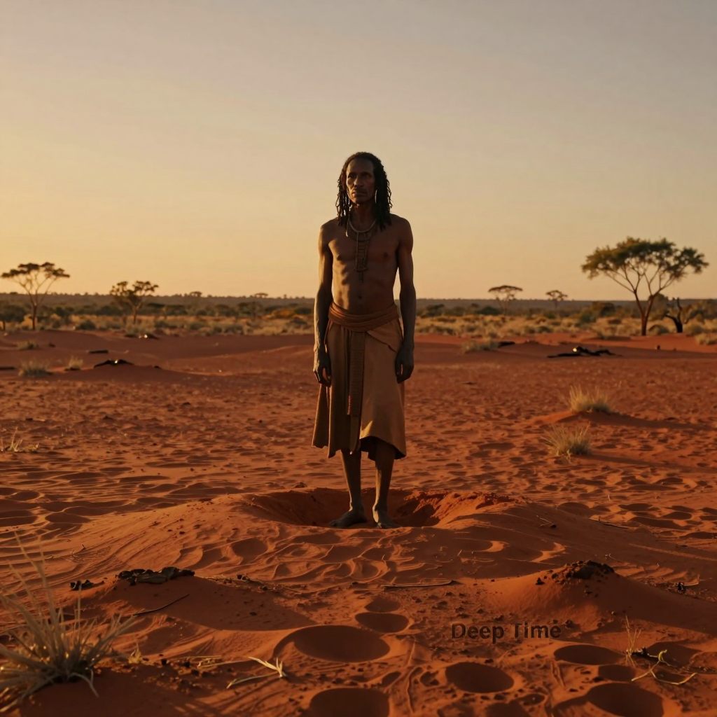 Archetypal figure in the vast Australian landscape at twilight.