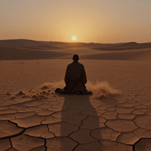 A solitary figure grounding into ancient earth.