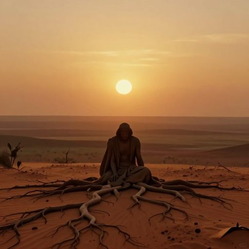 A solitary figure grounded in ochre earth, embodying ancient memory.