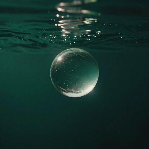 A single, luminous glass sphere suspended in deep, still water.
