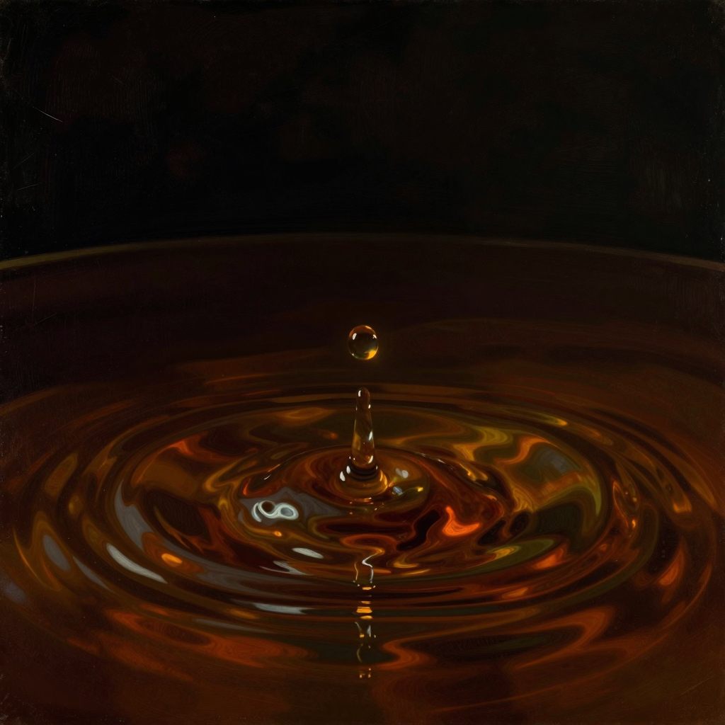 A single drop of amber liquid falls into still, dark water, causing a ripple that signals a quiet, necessary shift.