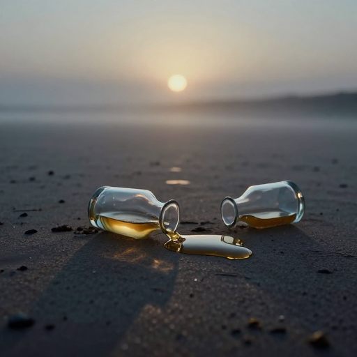 A solitary, fragile glass vessel tipped over on wet sand, symbolizing interrupted potential.