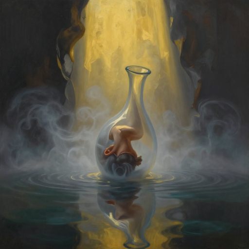 A fragile, suspended form dissolving into quiet mist, symbolizing interrupted potential.