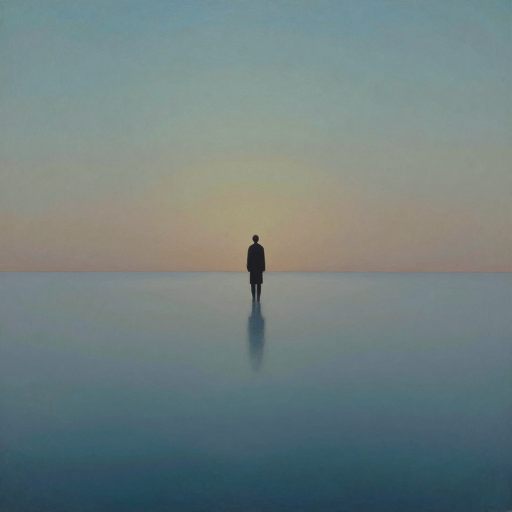A solitary figure suspended in a vast, quiet void, representing emotional inertia.