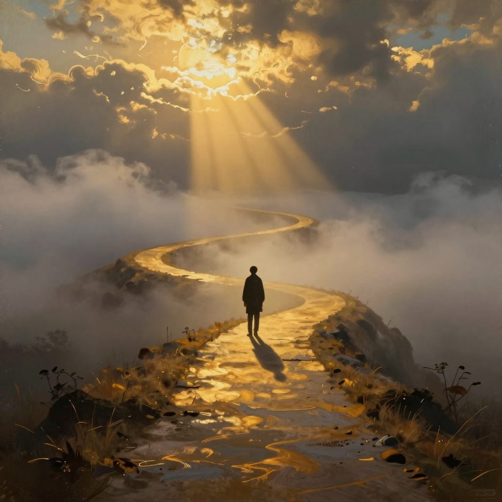 A solitary figure stands at the crest of a winding path, facing a sudden, ambiguous crossroads under a vast, mist-laden sky.