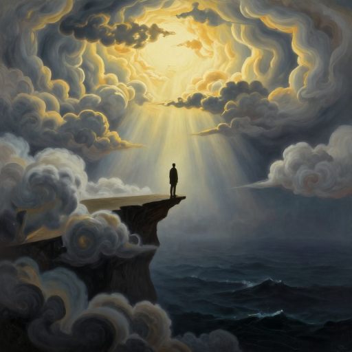 A solitary figure suspended between earth and sky, representing aspiration and pressure.