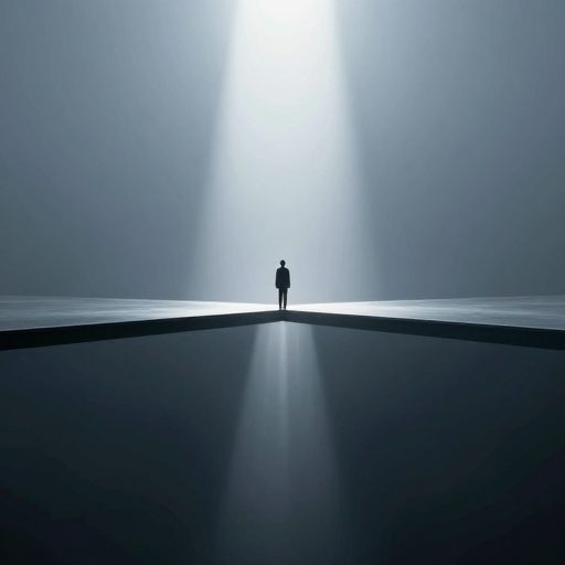 A lone figure standing at a glass threshold, symbolizing the quest for integrity under intense scrutiny.