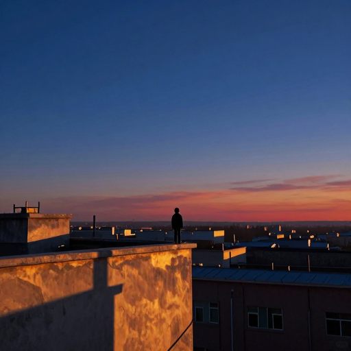 A solitary figure stands on a windswept, ochre-toned rooftop at sunset, gazing into a vast, clear sky, symbolizing conscious exposure and the immediate reality of the present moment.