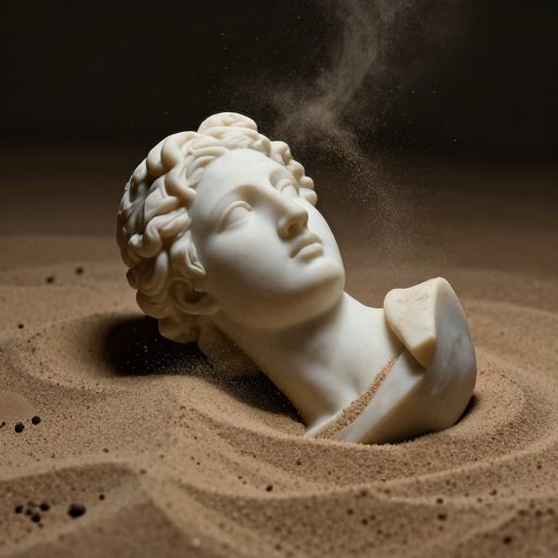 A marble bust being gently worn by fine sand, symbolizing painful renewal.