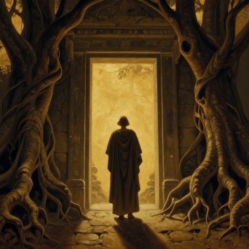 A solitary figure stands at a threshold under a vast, ancient sky, representing a pivotal commitment.