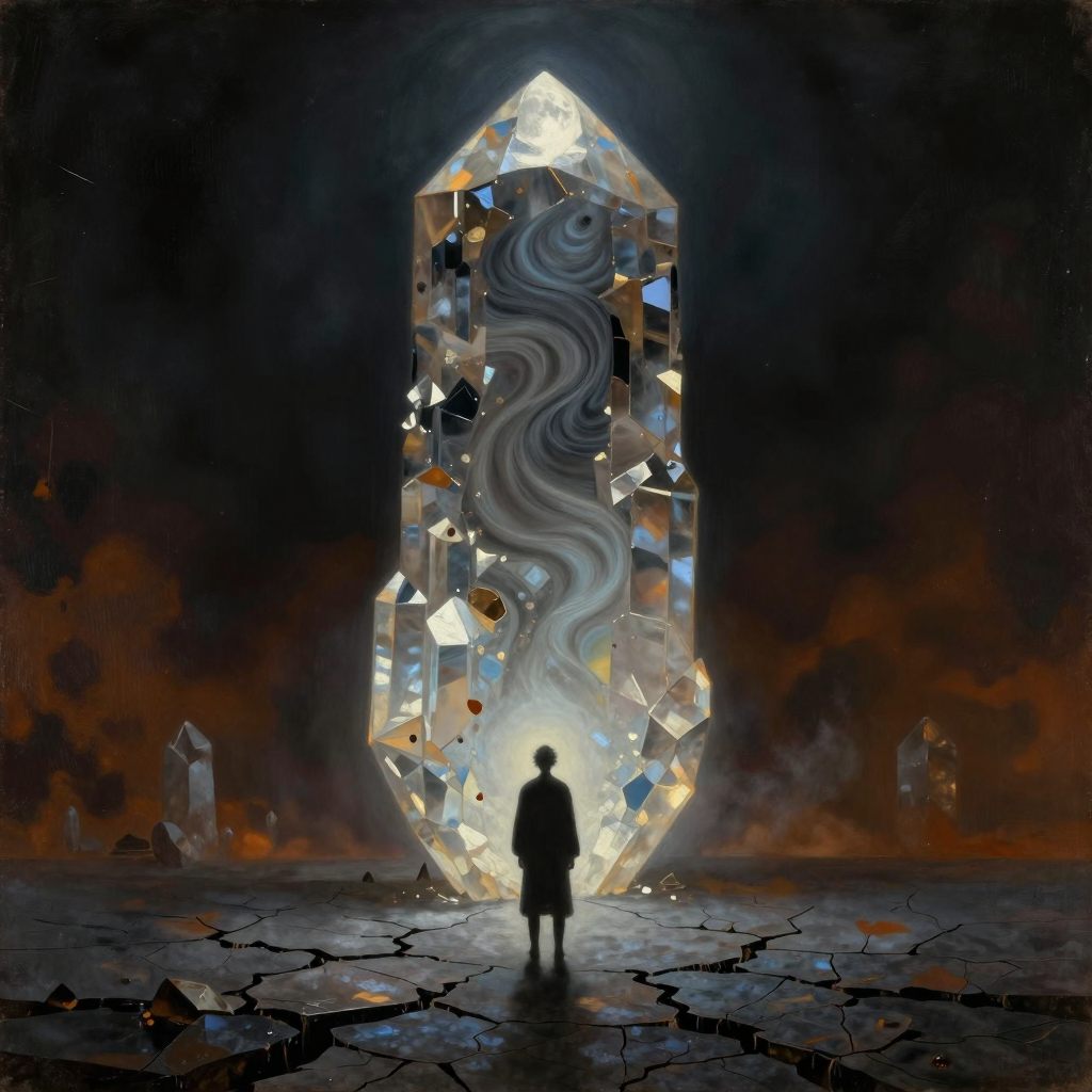 A solitary figure stands before a vast, silent monolith, symbolizing an unavoidable confrontation with a foundational truth.