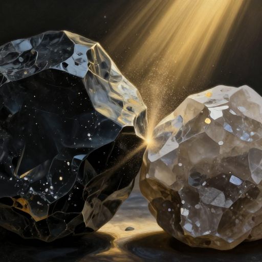 Two massive, polished stones grinding together, generating a fine dust in a shaft of golden light.