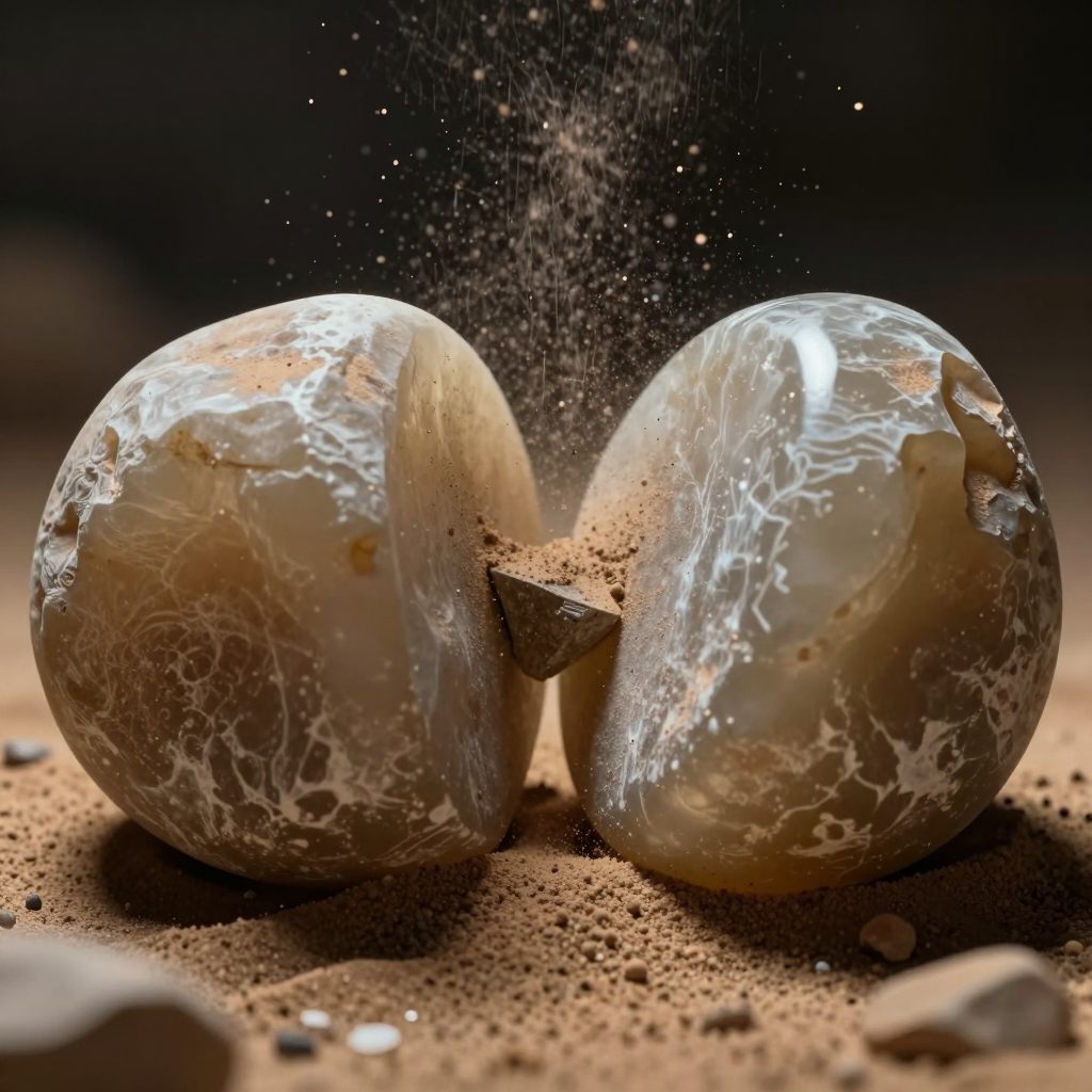 Polished stones grinding under pressure, symbolizing transformative friction.