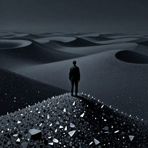 A solitary figure confronts a field of grinding, crystalline textures, symbolizing internal friction.