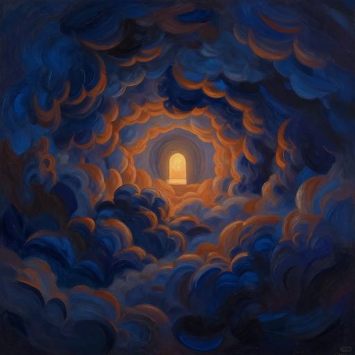 A solitary, glowing alcove amidst swirling, turbulent darkness.