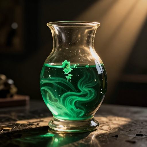 A glass vessel containing volatile, luminous green liquid.