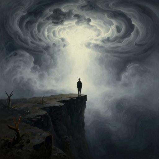 A solitary figure stands at the edge of a swirling threshold, facing an unknown, luminous expanse.