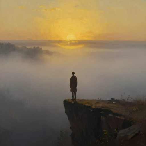 A solitary figure stands at a misty threshold overlooking a vast, unknown landscape, symbolizing emotional transition.