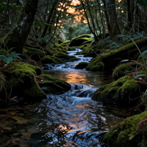 A winding, shallow creek flows through a mossy woodland, symbolizing the linear journey of emotional processing.