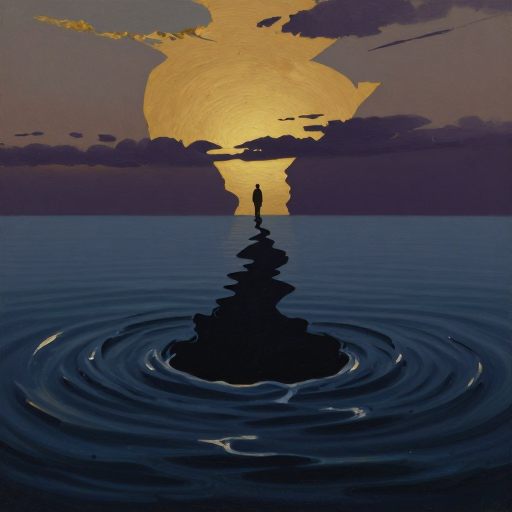 A solitary figure stands at the edge of a precipitous, rapidly shifting landscape, symbolizing an abrupt transition.