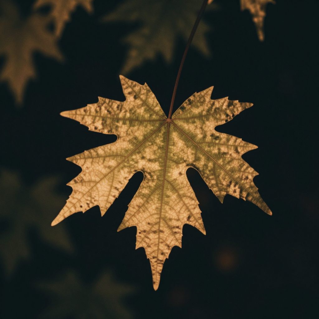 A single, fragile, complex leaf caught in transition.