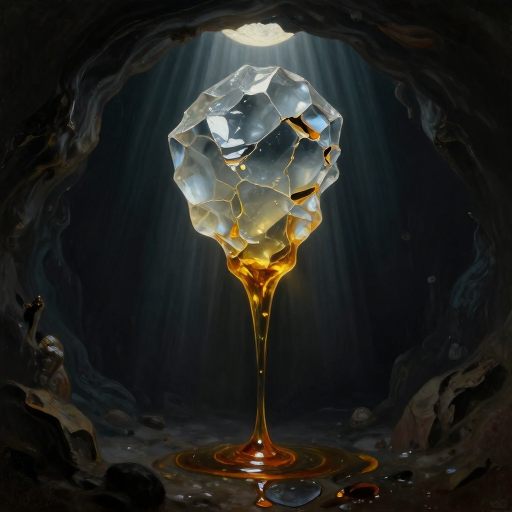 Viscous golden liquid draining from a crystalline form into deep shadow.