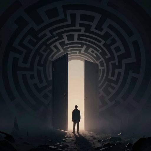 A lone figure running through a misty threshold.