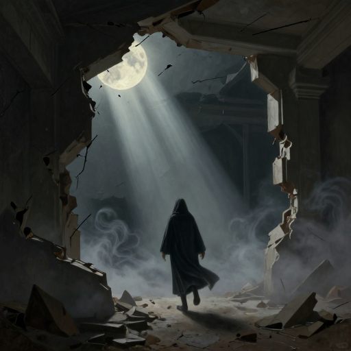 A lone figure pursued through a vast, liminal space, symbolizing internal avoidance.